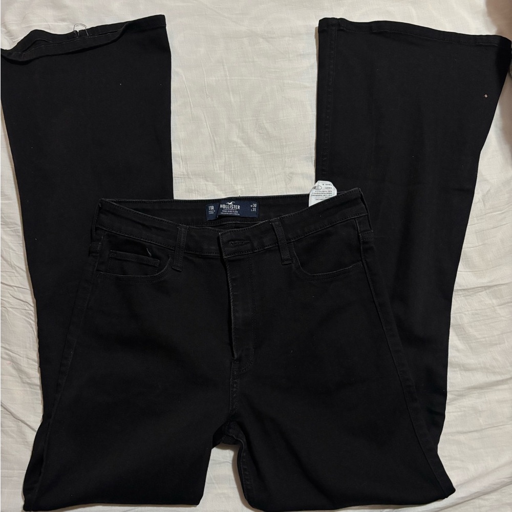 Hollister Flare Jeans Split Hem Stretch Black High Rise Women's